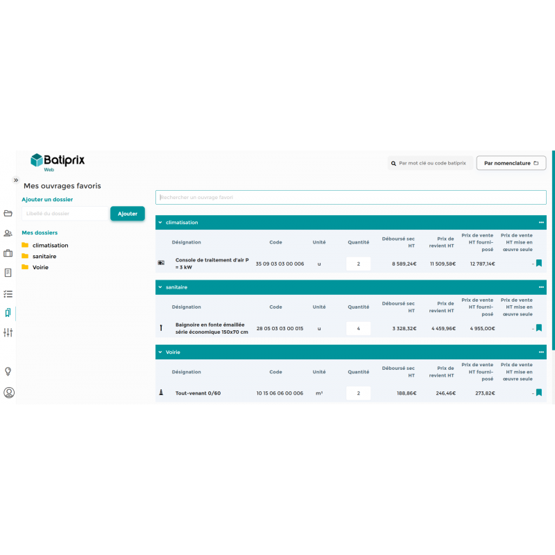 Batiprix Web - Consultation -  Gérer vos ouvrages favoris