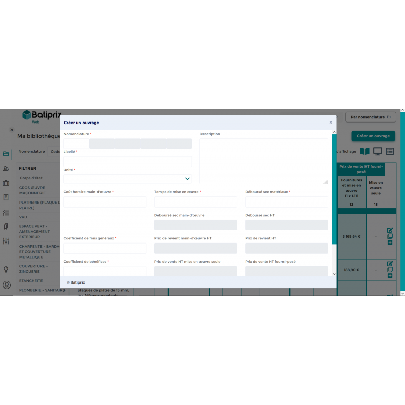 Batiprix Web - Chiffrage - créer un ouvrage