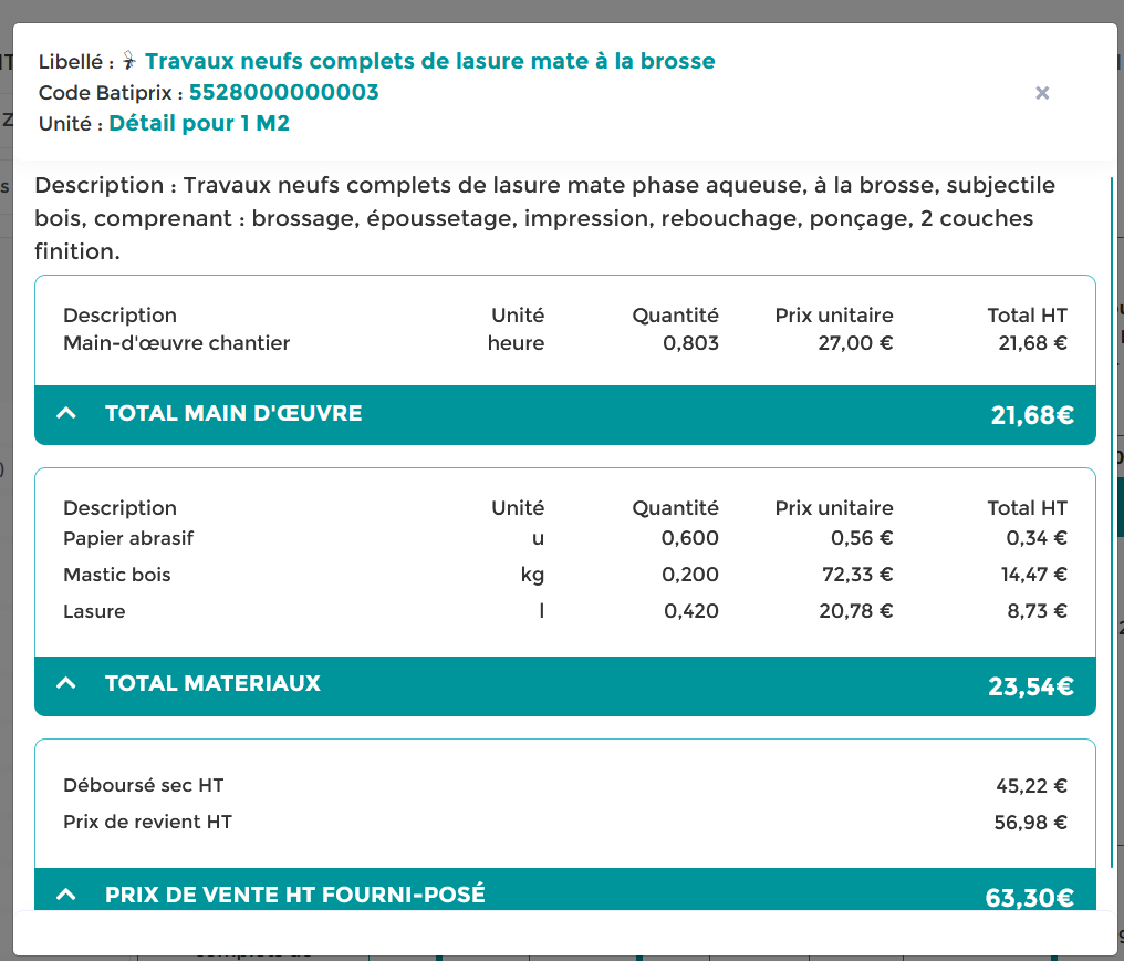 Travaux neufs complets de lasure mate phase aqueuse, à la brosse, subjectile bois, comprenant : brossage, époussetage, impression, rebouchage, ponçage, 2 couches finition.