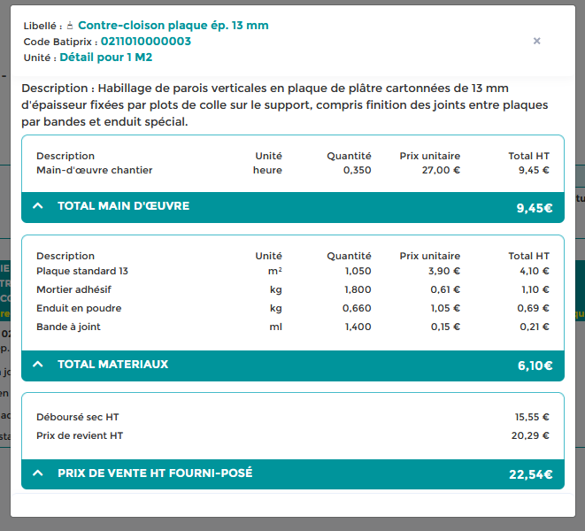 exemple d'ouvrage : Contre-cloison plaque ép. 13 mm